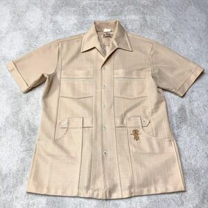 True Vintage 70s Iolani Hawaii Executive Guayabera Shirt Beige Tan Mens Medium